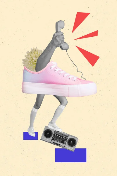 Kreative Foto Collage Kunstwerk Poster Postkarte Der Menschlichen Hand Schuhen — Stockfoto