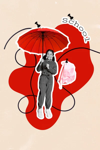 Dikey Yaratıcı Resim Çizimi Kolajı Kırmızı Şemsiyeyi Pembe Arka Planda — Stok fotoğraf