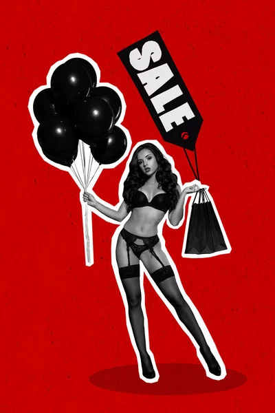 漂亮苗条身材的女孩的垂直拼贴黑白效果拿着气球购物袋出售特价商品 孤立于红色背景 — 图库照片
