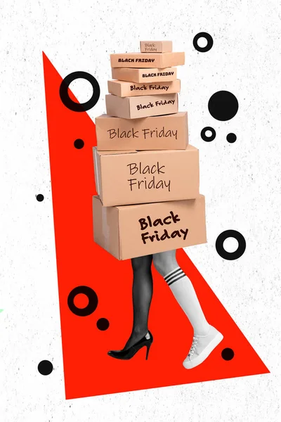 Vertical Collage Image Pile Stack Black Friday Carton Boxes Girl — Stock Photo, Image
