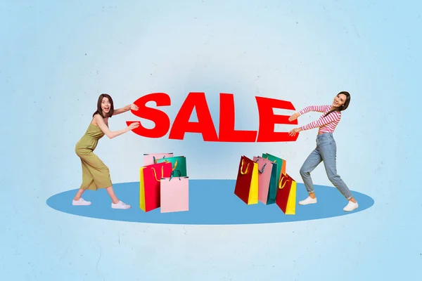 Magazinwerbung Collage Von Zwei Ladys Shopaholics Ziehen Verkauf Phrase Auf — Stockfoto