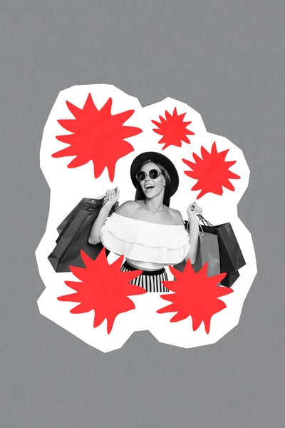 Collage Foto Joven Adicta Shopaholic Lady Diseñador Mantenga Paquete Después — Foto de Stock