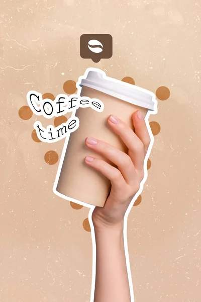 Vertical collage image of human arm hold plastic cup coffee time text isolated on drawing creative background.