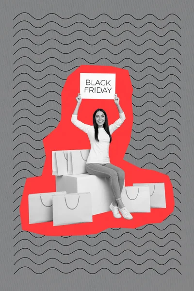 Vertical Collage Image Excited Girl Black White Effect Hold Paper — Stock Photo, Image