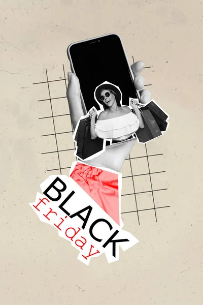 Kamerasının Dikey Kolaj Resmi Heyecanlı Alışveriş Kızı Çantaları Kara Cuma — Stok fotoğraf