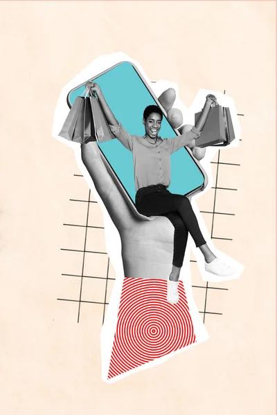 Verticale Collage Beeld Van Arm Hold Telefoon Mini Persoon Zittend — Stockfoto