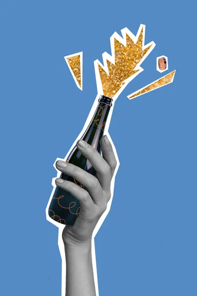 Fotografie Imagine Minimă Brațului Creștere Sticlă Șampanie Sărbătorind Fundal Desen fotografii de stoc fără drepturi de autor