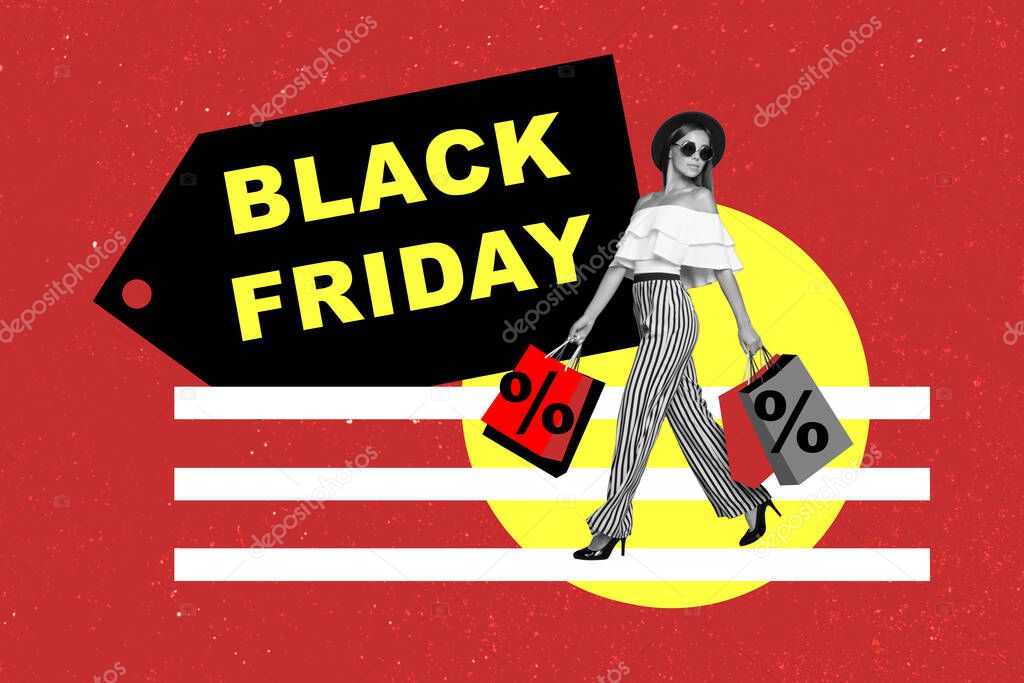 Collage photo of young successful model girl trendy glamour summer outfit hold best price cheap clothes exclusive brand isolated on red background.