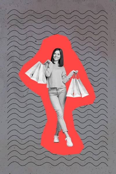 Kolaż Zdjęcie Baner Reklama Nowej Marki Zakupy Dziewczyna Trzymać Okazje — Zdjęcie stockowe