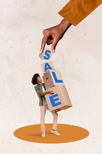 Banner Colagem Anúncio Mini Cara Surpreso Segurando Muitas Caixas Papelão — Fotografia de Stock