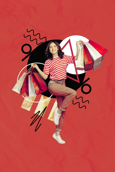 Colagem Foto Jovens Shopaholic Segurar Pacotes Excitados Mulher Após Dia — Fotografia de Stock