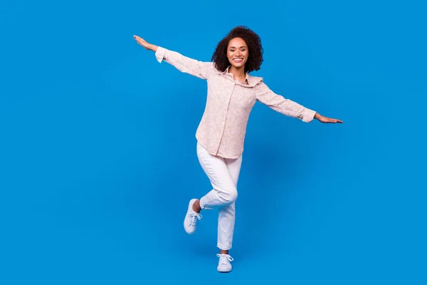 Full Size Photo Cheerful Charming Person Arms Wings Flight Good — Stock Photo, Image