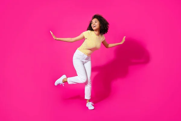 Ful Size Photo Lovely Young Woman Dance Look Empty Space — Stock Photo, Image