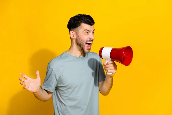 Profile Side Photo Crazy Angry Man Look Empty Space Shouting — Stock Photo, Image