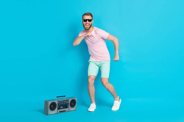Full Size Photo Handsome Young Man Tape Recorder Have Fun — Stock Photo, Image