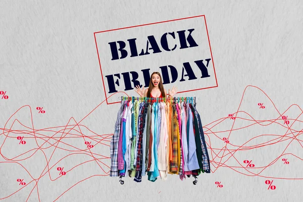 Collage Picture Overjoyed Excited Girl Clothes Store Rack Black Friday — Stock Photo, Image