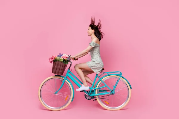 侧面全身像积极快乐的女士穿着迷你裙骑自行车周末看起来空旷的空间隔离在粉红的背景下 — 图库照片