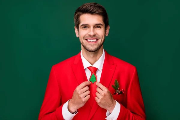 Portrait of attractive cheerful guy wearing chic suit adjusting fir tree isolated over green color background.