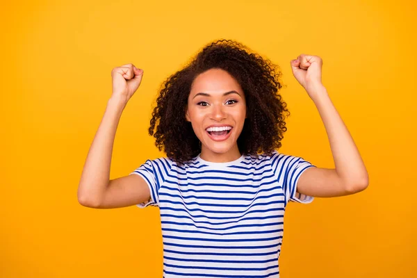 Photo Cheerful Delighted Girl Raise Fists Triumph Attainment Toothy Smile — Stock Photo, Image