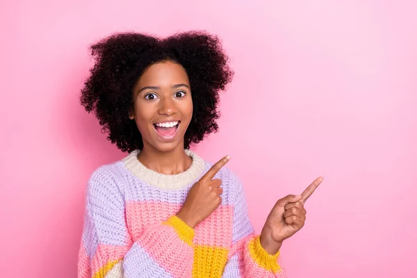 Closeup Photo Young Excited Crazy Schoolgirl Wear Knitted Sweater Finger — Stock Photo, Image