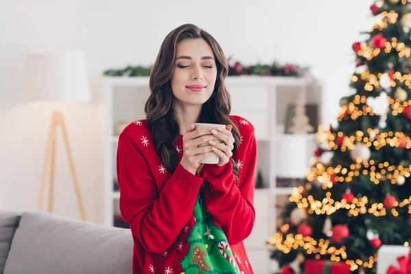 Photo of nice christmas atmosphere woman wear red ugly sweater hold cup of hot tea smells tasty stay home comfortable atmosphere indoors.