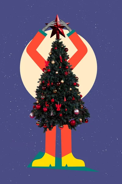 Collage Artwork Graphics Picture Funky Funny Xmas Tree Putting Star — Stock Photo, Image