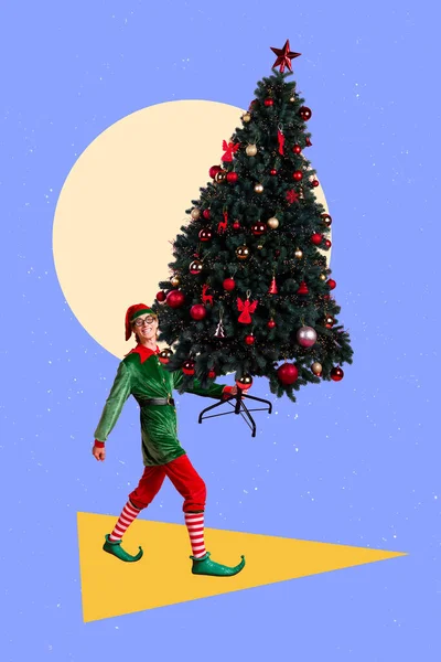 科拉奇3D图像的拼凑流行复古草图的时髦微笑的家伙拿着圣诞树而不是头孤立的绘画背景 — 图库照片