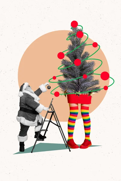 写真漫画のスケッチ面白い笑顔の祖父の絵の装飾クリスマスツリー孤立した図面の背景 — ストック写真