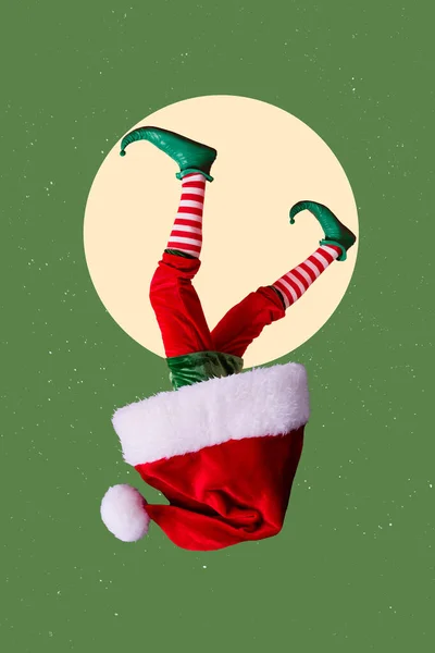 Vertical creative collage illustration photo of funny upside down bodyless elf legs sticking out of hat isolated on green color background.