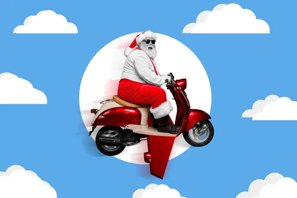 Creative Collage Photo Illustration Excited Impressed Funny Santa Fly Scooter — Stock Photo, Image