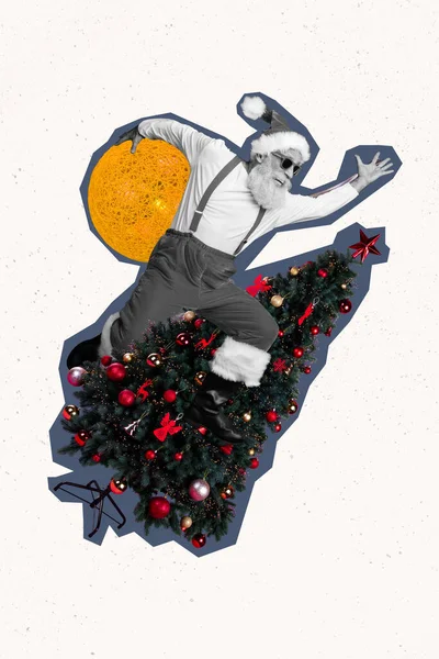 Kreative Retro Magazin Bild Von Funky Cool Großvater Stehend Weihnachtsbaum — Stockfoto