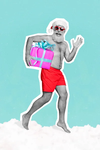 富有创意的照片3D拼贴艺术海报明信片时尚的积极向上的男人拿着礼物带着夏天的假期隔离在绘画背景下 — 图库照片