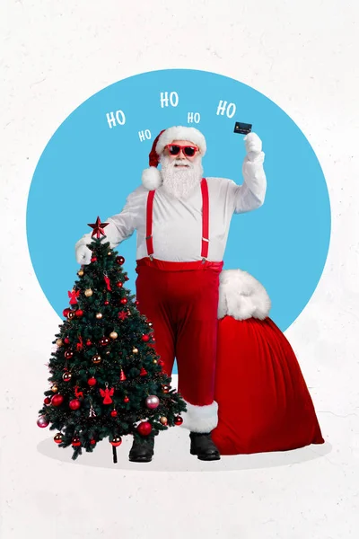Kreatywne Zdjęcie Kolaż Grafika Plakat Pocztówka Wesoły Święty Mikołaj Trzymać — Zdjęcie stockowe