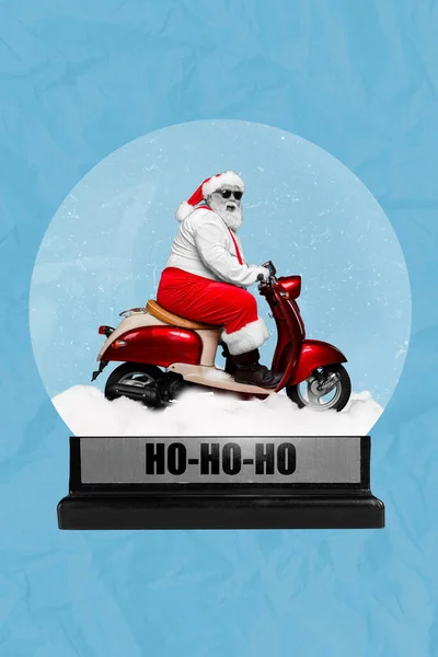 Vertikale Kreative Collage Positiver Unbeschwerter Optimistischer Weihnachtsmann Auf Roller Glas — Stockfoto