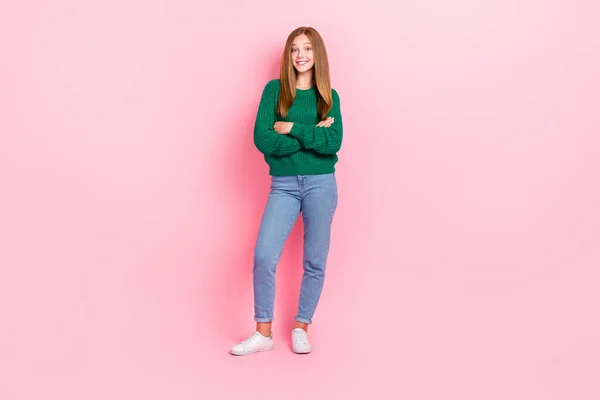 Full Length Photo Charming Confident Young Lady Wear Green Sweater — Stock Photo, Image
