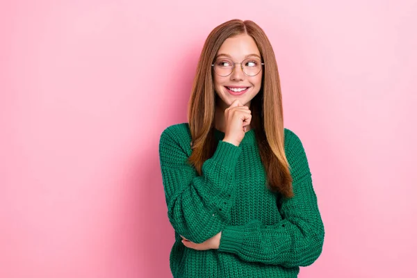 stock image Closeup photo of young positive toothy smile girl touch chin dreamy looking empty space minded genius idea wear glasses isolated on pink color background.