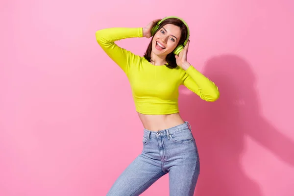 Portrait of gorgeous satisfied person wear green lime color outfit chill dancing clubbing isolated on pink color background.