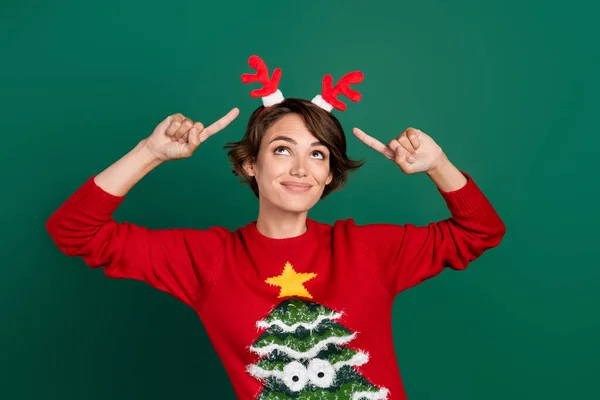 Photo Charming Dreamy Lady Wear Red Sweater Looking Pointing Fingers — Stock Photo, Image