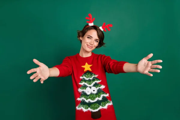 Photo Funky Charming Lady Wear Red Sweater Horns Hair Band — Stock Photo, Image