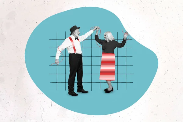 Imagem Colagem Composta Duas Pessoas Idosas Segurar Mãos Dançando Isolado — Fotografia de Stock