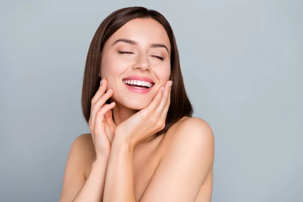 Photo Laughing Lady Touch Hands Cheeks Enjoy Pure Ideal Skin — Stock Photo, Image
