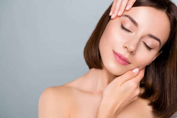 Portrait Girlish Lady Hold Head Empty Space Collagen Botox Treatment — Stock Photo, Image