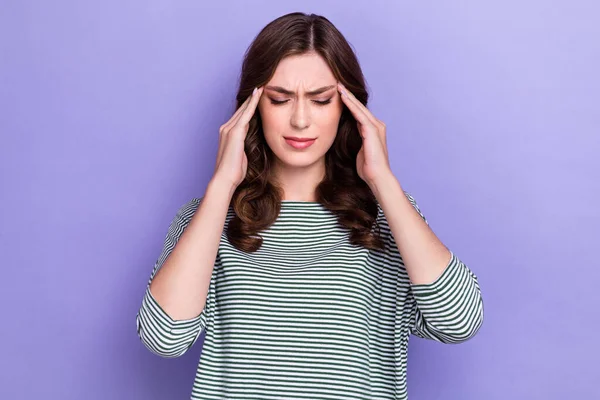 stock image Photo of unhappy irritated girl arm touch temples suffer high temperature coronavirus isolated on purple color background.