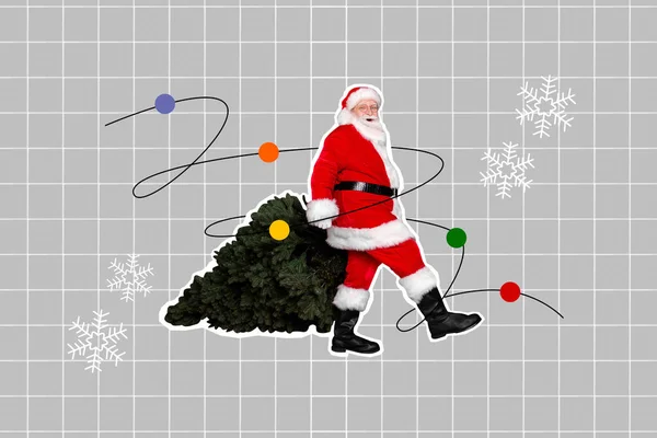 Композиционный Коллаж Портрет Фанки Дедушки Санта Клауса Ходьба Нести Рождественскую — стоковое фото