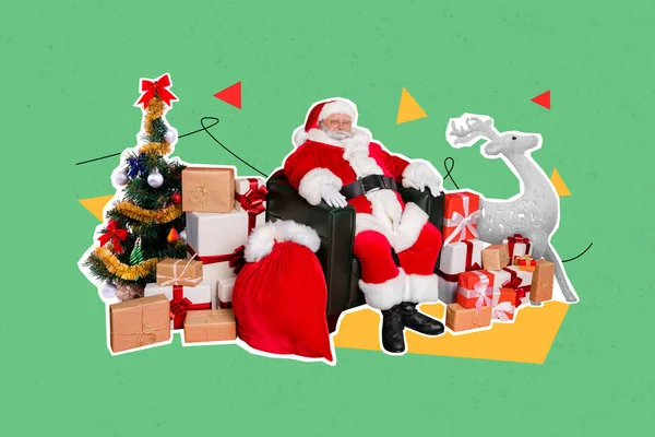 Kreatywny Kolaż Wizerunek Dziadka Santa Claus Siedzi Fotel Przygotować Stos — Zdjęcie stockowe