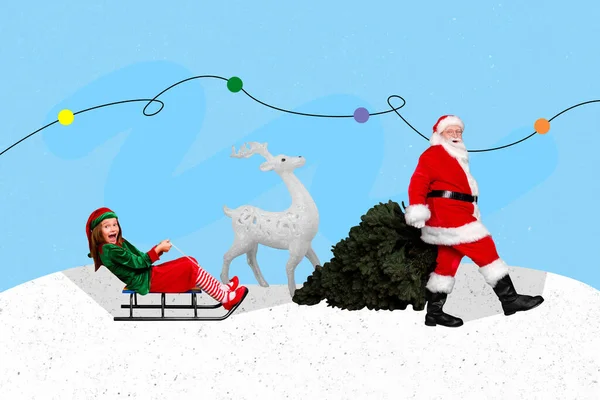 Collage Bild Åldrade Santa Walk Hold Nyår Träd Glada Bekymmerslös — Stockfoto
