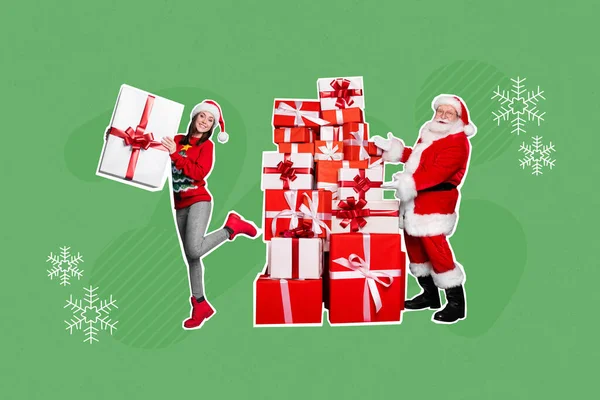 Kreativ Collage Illustration Upphetsad Flicka Funky Santa Claus Stora Stapel — Stockfoto