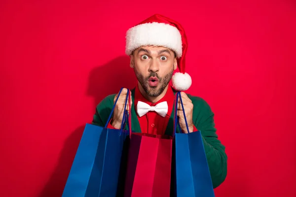 Photo Funky Excited Guy Dressed Xmas Green Cardigan Bowtie Getting — Stock Photo, Image