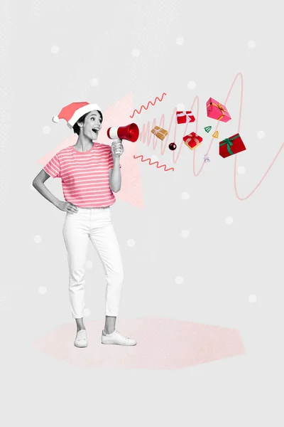 Kreative Festliche Werbecollage Von Frau Weihnachtsmann Kopfbedeckung Teilen Saisonale Weihnachtsgeschenkschachtel — Stockfoto