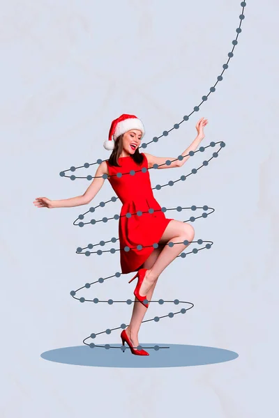Colagem Postais Bela Senhora Dançando Natal Festa Corporativa Decorada Fundo — Fotografia de Stock